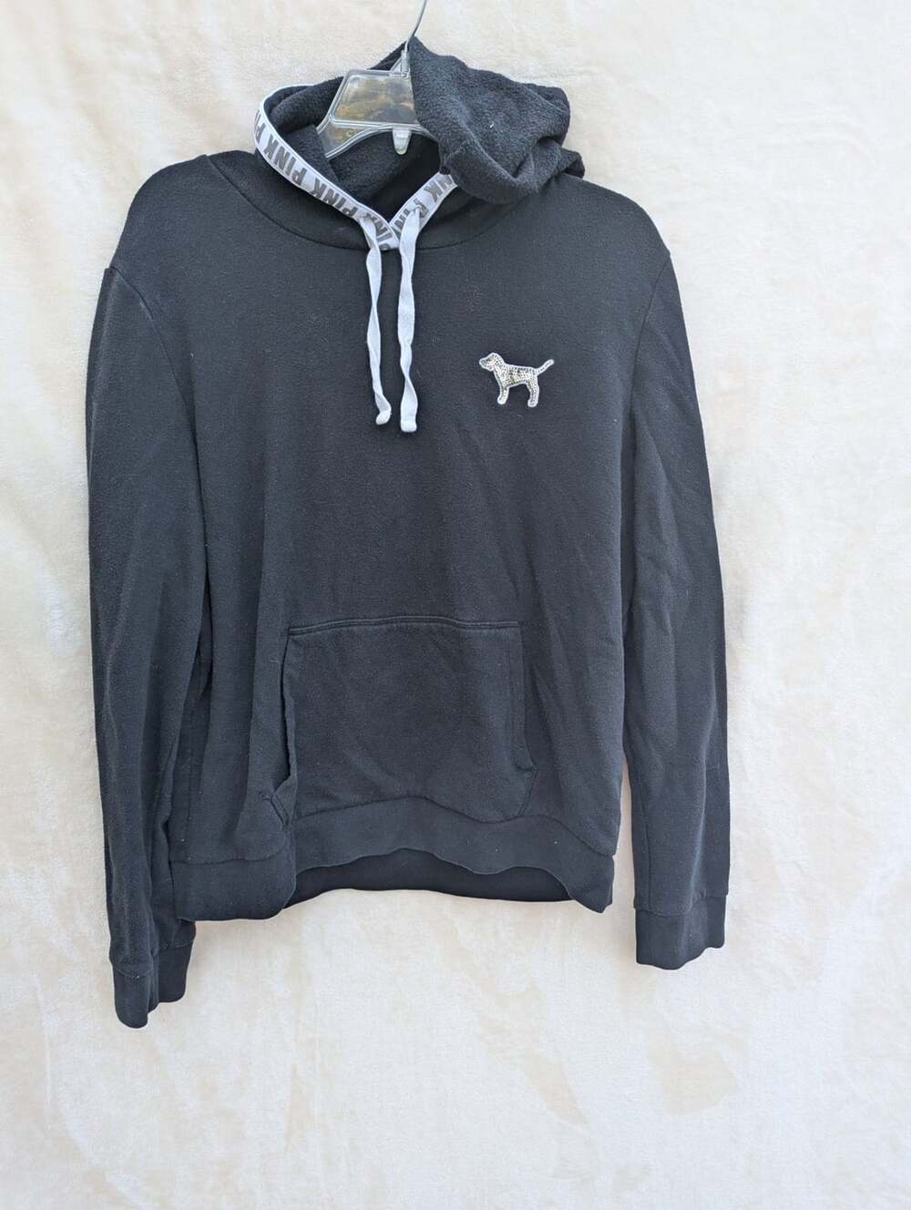 PINK Victoria's Secret Black Pullover Hoodie with Sequined Dog Logo Size XL